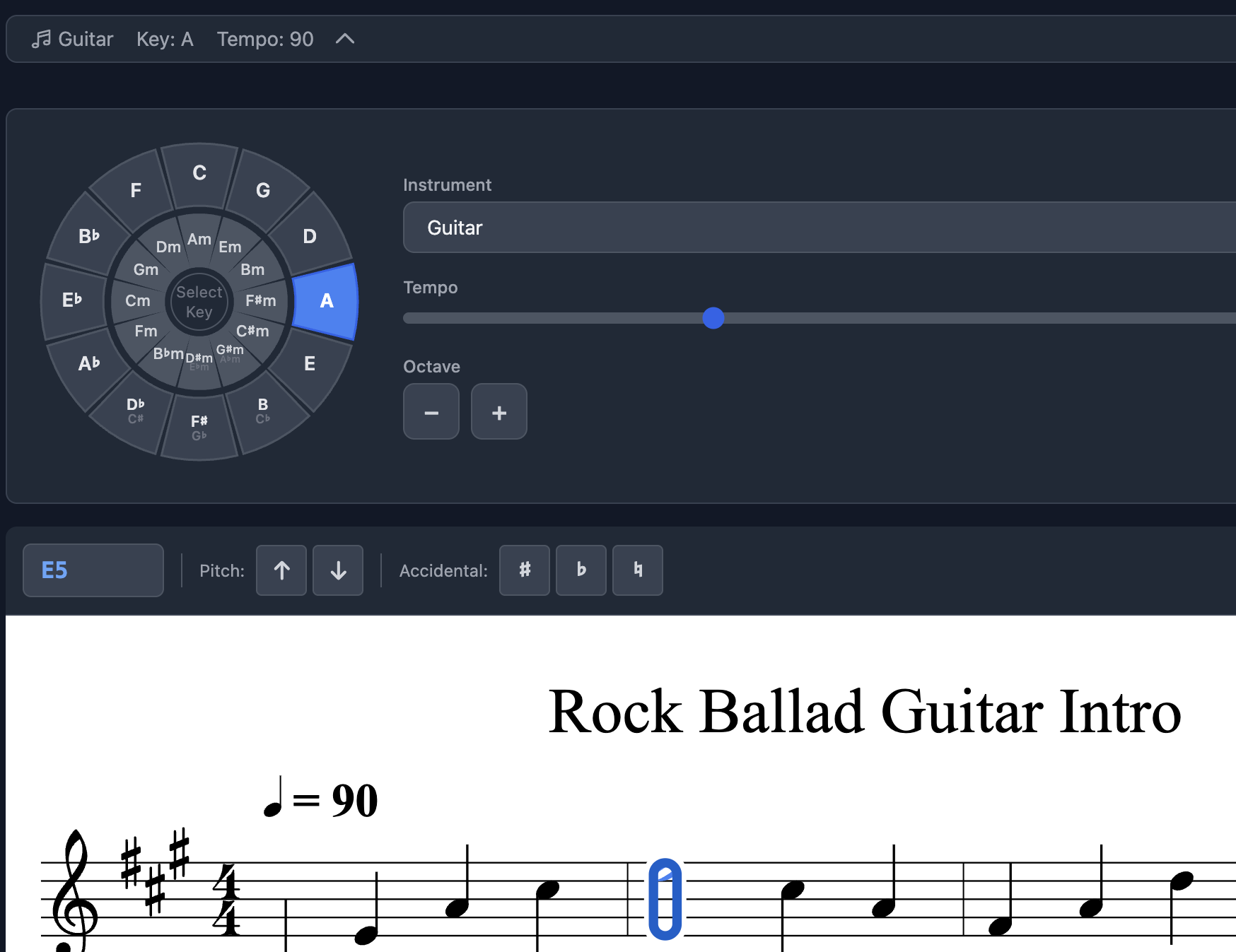 Visual notation editor with key transposition and tempo controls